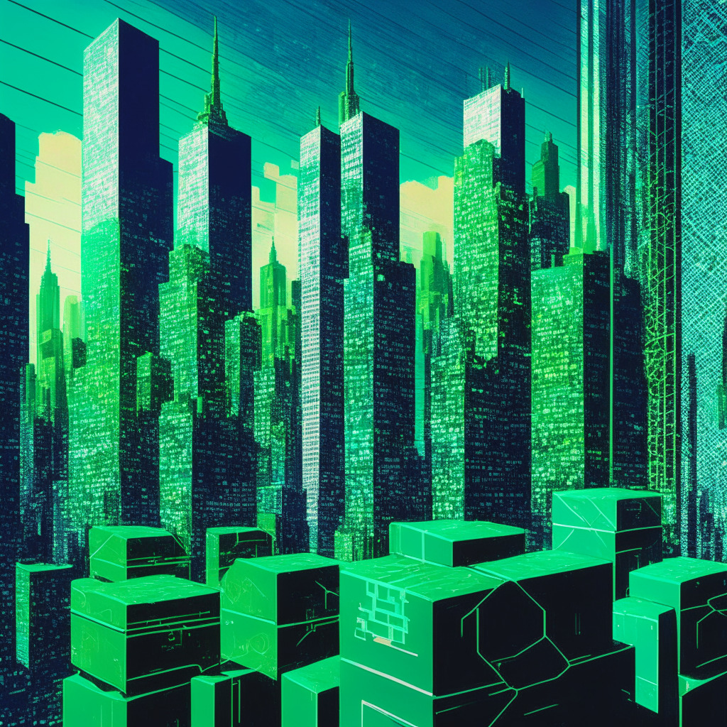 Futuristic cityscape with blockchain nodes, NY skyline, contrasting light & shadow, 133 W 19th St. location, vibrant colors, abstract representation of pros & cons, decentralization symbol, secure voting booth, green elements to signify energy concerns, contemplative mood, impressionistic style.