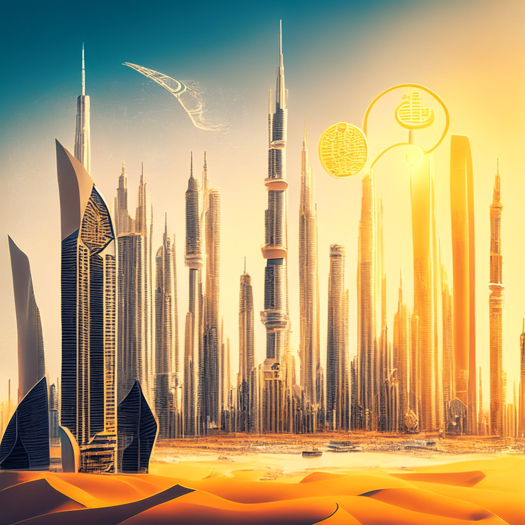 Futuristic Dubai skyline with crypto symbols, warm sunlight cascading on buildings, advanced UAE infrastructure, DeFi puzzles clashing with European regulation, contrast of welcoming atmosphere vs uncertainty, subtle nods to Ripple and Coinbase expansions, dynamic global financial landscape.