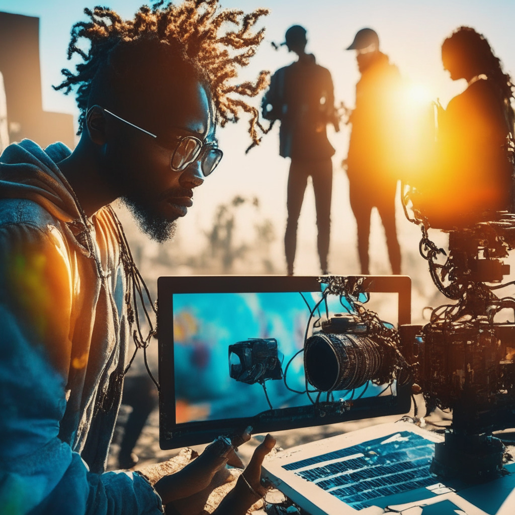 Indie filmmaker at work, warm sunlight, blockchain code overlay, diverse group collaborating, empowering and inclusive atmosphere, creatively charged environment, vivid colors, decentralization, breaking chains, vibrant storytelling, Web3 inspired visuals, untold stories coming to life.