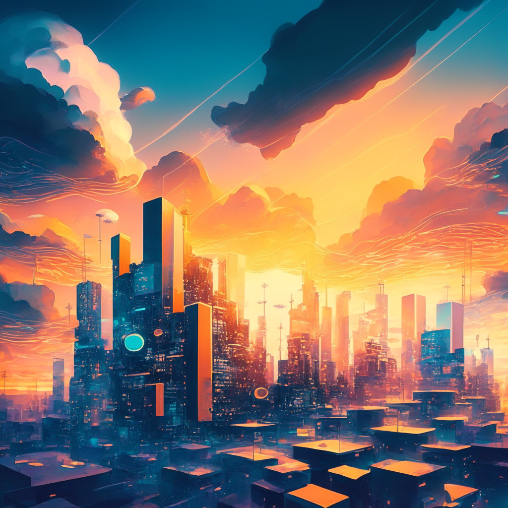 Surreal, abstract cityscape with hidden blockchain infrastructure, seamless conversion of fiat to tokens, technology integrating into daily life, sunset-lit atmosphere, consumer-friendly transactions, neutral mood, hint of impressionism, reminiscent of cloud computing revolution, emphasis on user experience.