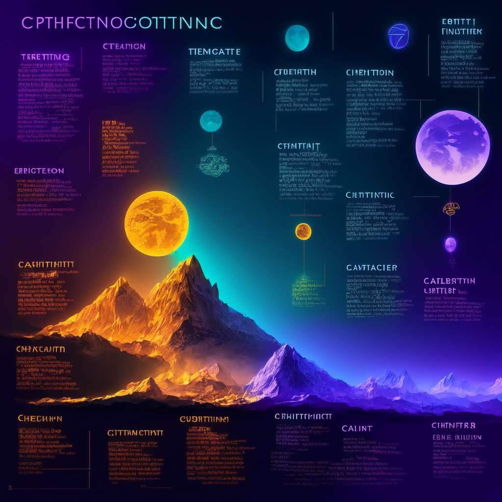Cryptocurrency market evolution, ether staking increase, ethereal landscape, glow of dawn light, vibrant color palette, dynamic mood, central exchange holdings decline, Ether (ETH) majestic ascent, deflationary forces, flourishing passive income, diminished trading volumes, shimmering opportunities, adaptative crypto-world, intricate economic interplay.