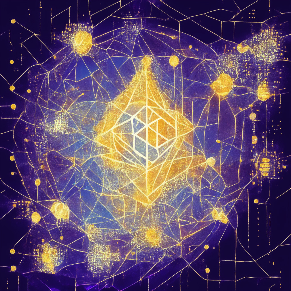 Ethereum network glitch, test of resilience, Beacon Chain halt, consensus client diversity, decentralized system, rapid resolution, light investigation mood, interconnected digital nodes, artistic mosaic style, warm glowing light, contrast of decentralization pros and cons, collaborative community effort.