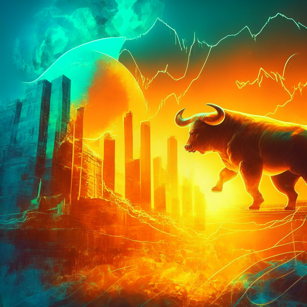 Ethereum trend reversal, magical sunset cityscape, gleaming coins, bull and bear wrestling, soft light, misty atmosphere, radiant market graph, upward movement, dominant blues and energizing oranges, hints of green and gold, determination and cautious optimism, dynamic and mesmerizing.