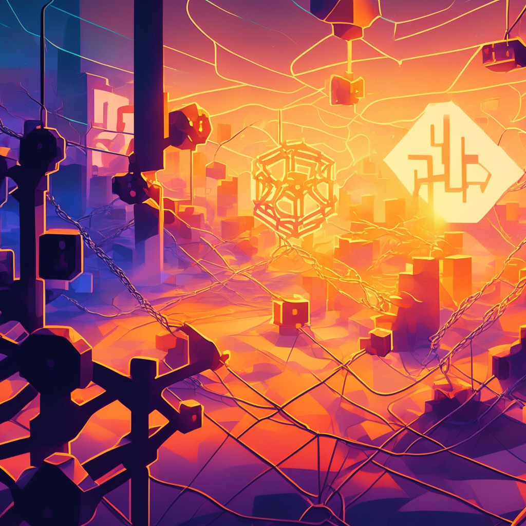 Sunset-lit Ethereum network scene, Beacon Chain as a glowing chain, diverse client nodes as variously shaped gears interlocking, Prysm and Teku clients as gears being repaired, calm yet resilient atmosphere, cubism art style, contrasting colors portraying stability amidst chaos, subtle ethereal background hinting at market fluctuations.