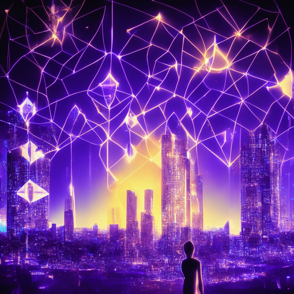 Ethereum co-founder praises Solana, futuristic city skyline with blockchain symbols, Solana and Ethereum tokens side by side, bright conference stage, intricate circuitry design, warm glowing lights, hopeful mood, competitive atmosphere, holographic displays showcasing scalability metrics, high-contrast shadows, soft-focus interpretative scene.