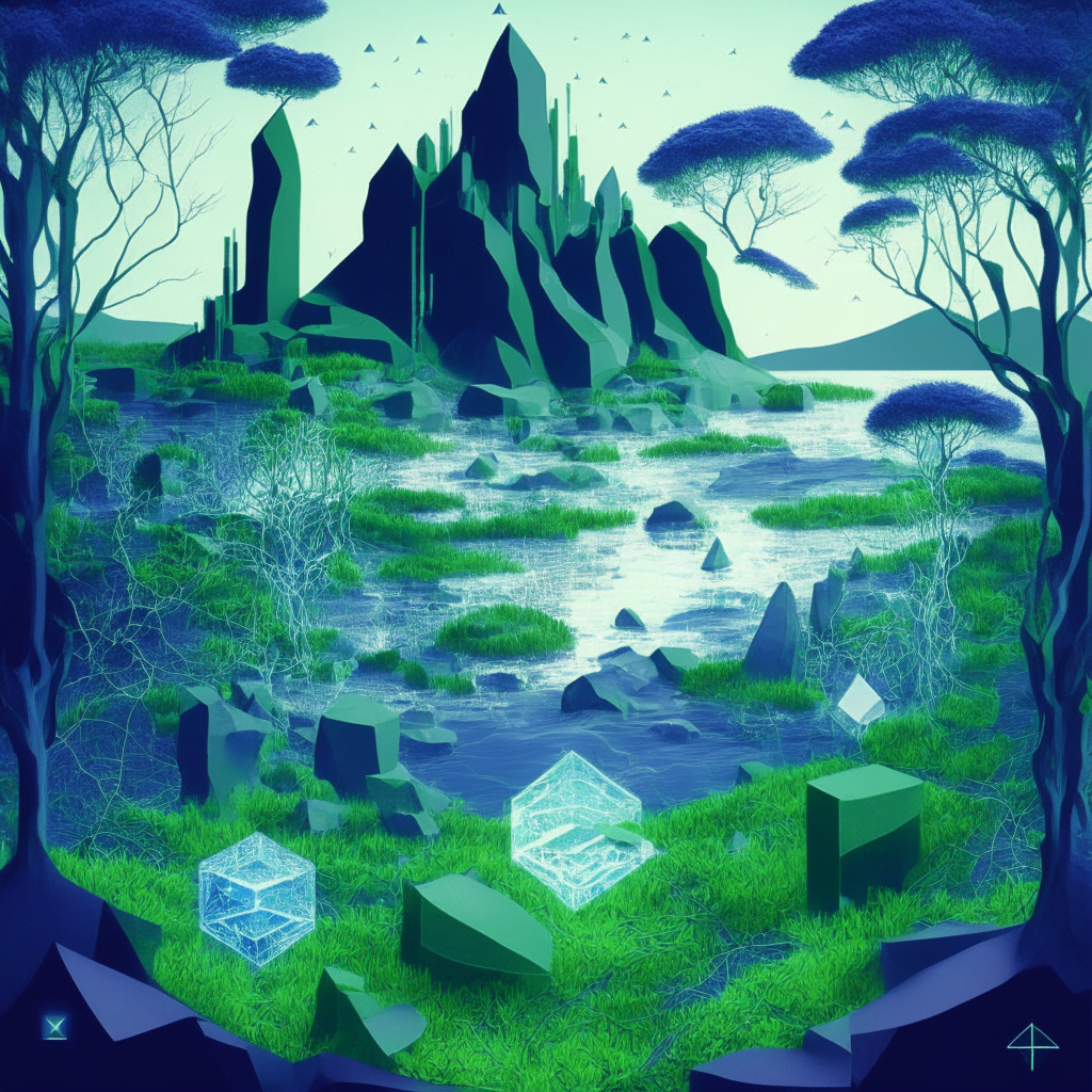 Ethereum landscape with prominent Proof-of-Stake mechanism, layered blockchain structures, multiple validator nodes working in harmony to secure the network, ethereal ambiance with hues of blues and greens, subdued light illuminating vital nodes fostering trust, serenity of minimalism contrasting with subtle complexity, sense of caution permeating a thriving ecosystem.