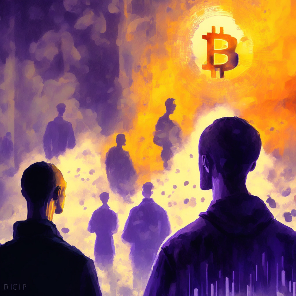 Ethereum creator's wallet transactions, crypto market speculation, digital canvas, warm hues, chiaroscuro lighting, suspenseful atmosphere, blurred background, ETH coins floating, Vitalik Buterin's silhouette in foreground, analytical investors observing scene, bearish mood, elegant brushstrokes.