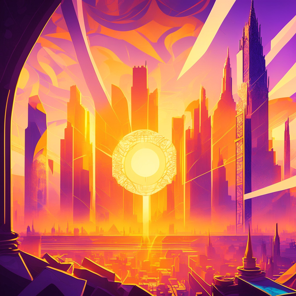 Ethereum dapp bet scene, sunrise breaking through city skyline, contrasting opinions, bold yet harmonious colors, whimsical Art Nouveau style, shimmering light reflecting on victorious dapp architecture, subtle tension between centralization and decentralization, mood of curiosity and anticipation.