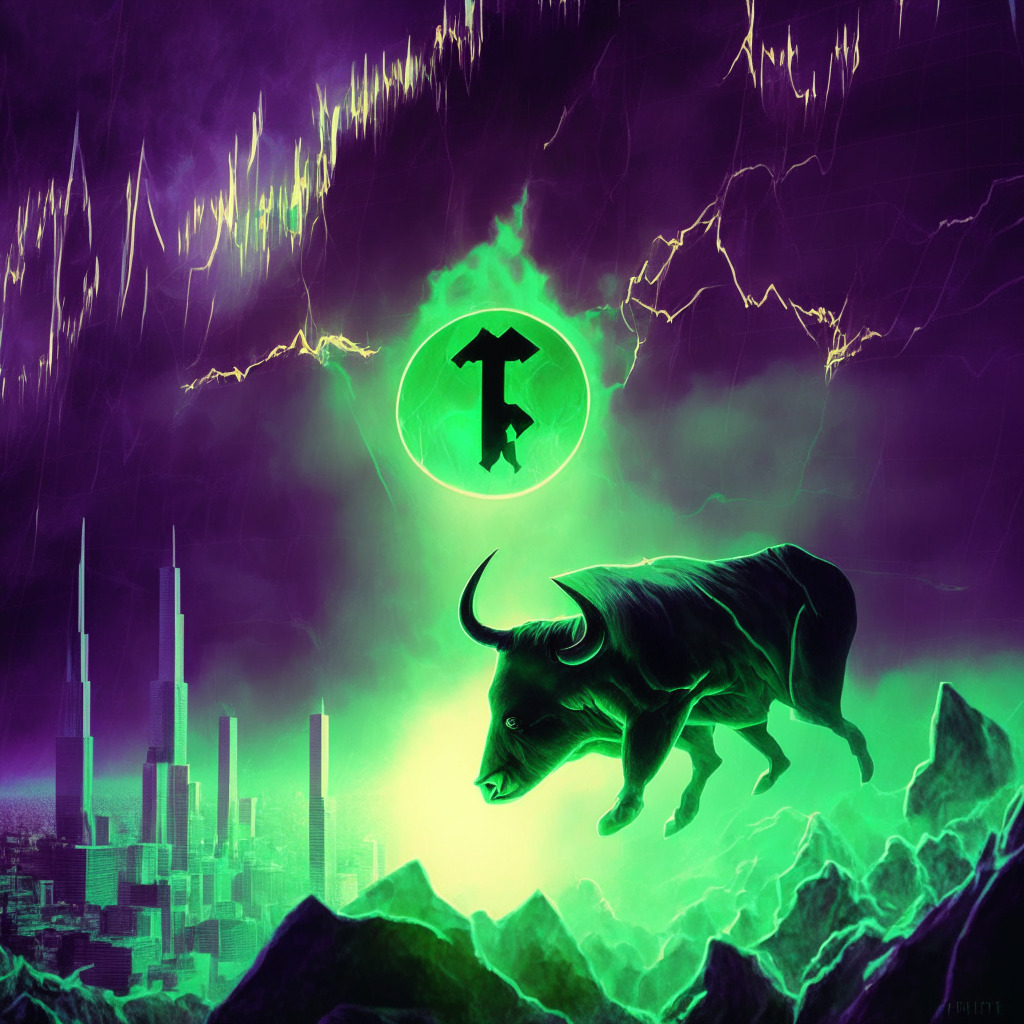 Ethereum's price rise, radiant bull market, active deposits at 1.5-year high, Pepecoin frenzy, contrasting light-dark gas fee impact, dramatic skyline highlighting $2,000 threshold, energetic trading volumes, cautionary undertones, potential risks shadowing growth, vibrant yet uncertain mood.
