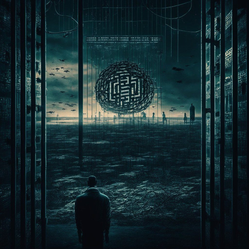 Intricate blockchain network in foreground, distressed Ethereum developer behind prison bars, dystopian setting, chiaroscuro lighting, somber mood, North Korea in the distance, focus on potential of blockchain for good, subtle hint of regulatory balance, 2032 countdown timer ticking.