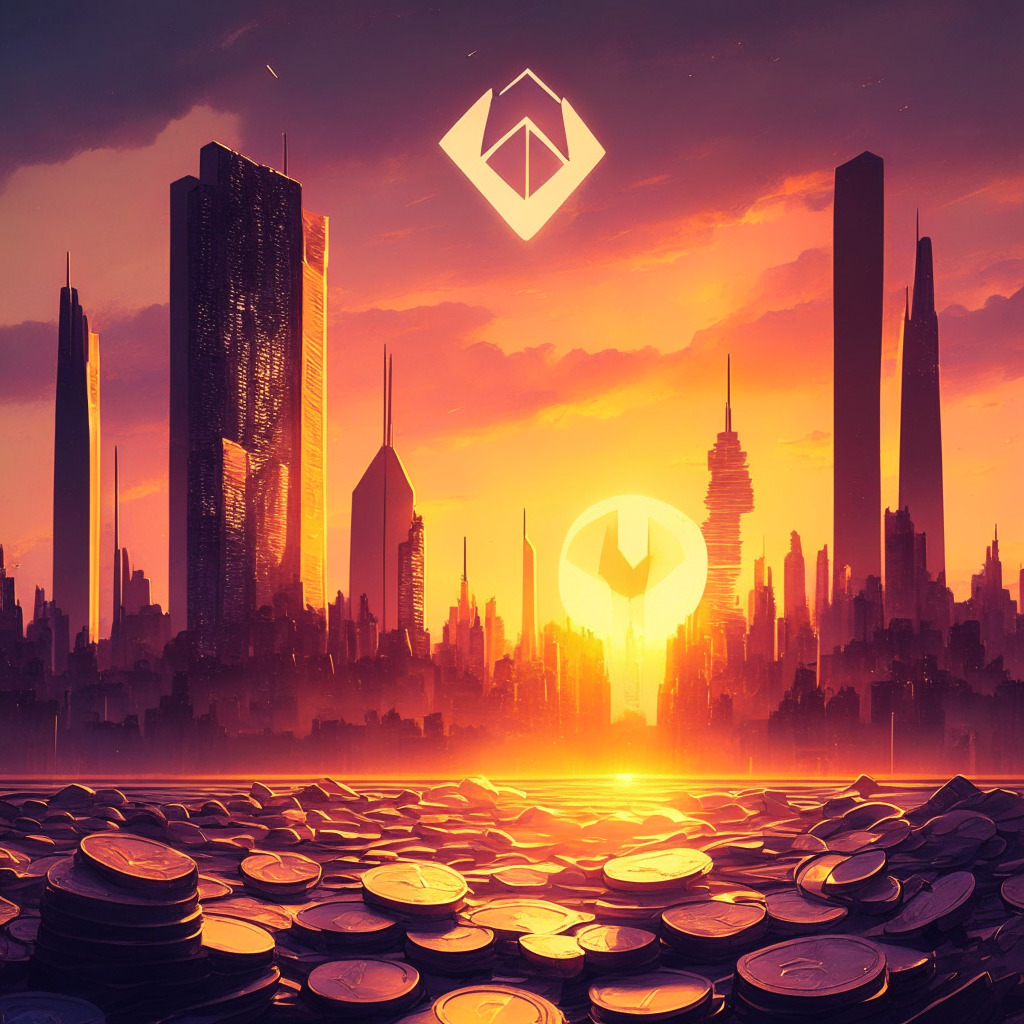 Sunset over a futuristic cityscape, Ethereum logo glowing in the sky, dwindling piles of coins on crypto exchange platforms, DeFi buildings standing tall, FTX crumbling, people happily moving coins to self-custody wallets, Shapella light cast upon staking validators, serene & positive mood.