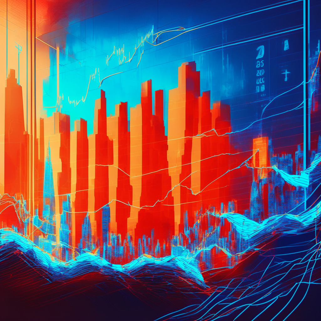 Sunlit digital cityscape reflecting Ethereum's resilience, 50-day EMA support as a red wave, a 2023 calendar, ascending trendline alongside a 200-day EMA blue wave, ETH bulls & bears balancing price, abstract network of interconnected exchanges, hints of breakthrough above $2,000, confident market absorption, calming mood.