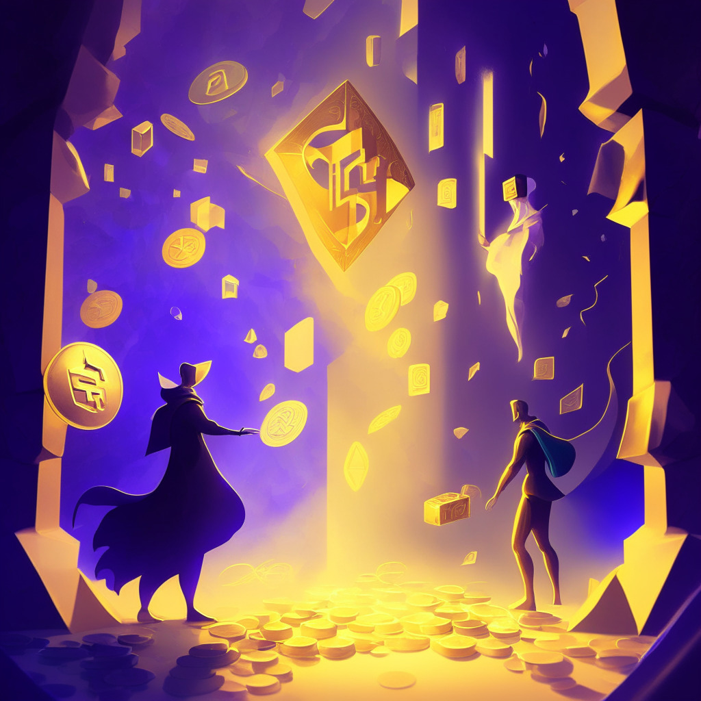 Artistic representation of Ethereum ICO wallets reawakening, ethereal lighting, long shadows, vibrant color palette, characters holding golden tokens, contrasting emotions (profits vs. security concerns), serene background with digital elements, subtle indication of time passing by, dynamic composition, mysterious and contemplative mood.