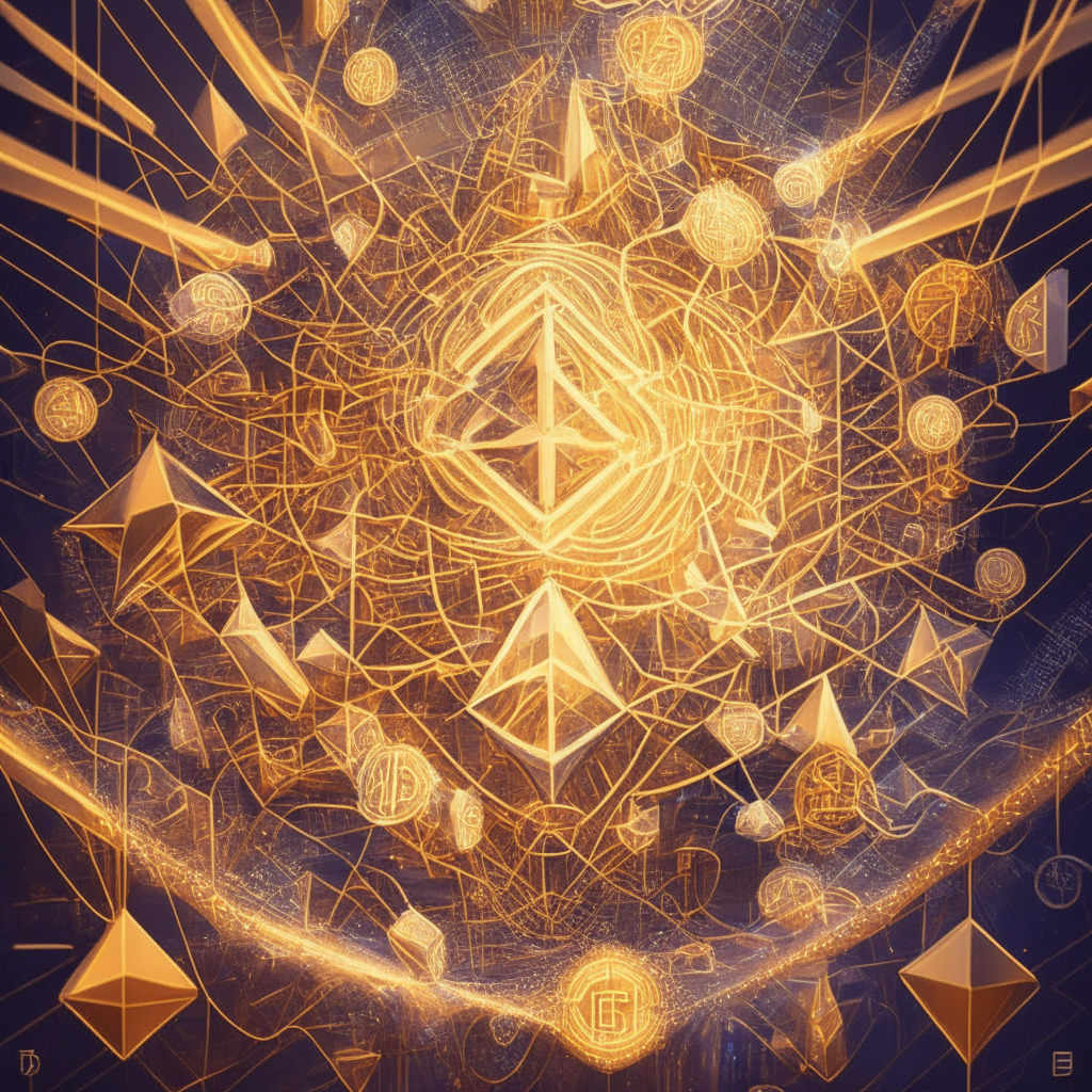 Ethereum locked tokens reach all-time high, intricate crypto art, warm golden light, dynamic market scene, intricate network nodes connecting, anticipation of price rally, balance between excitement and caution, flowing energy lines and geometric patterns, abstract representation of supply and demand.