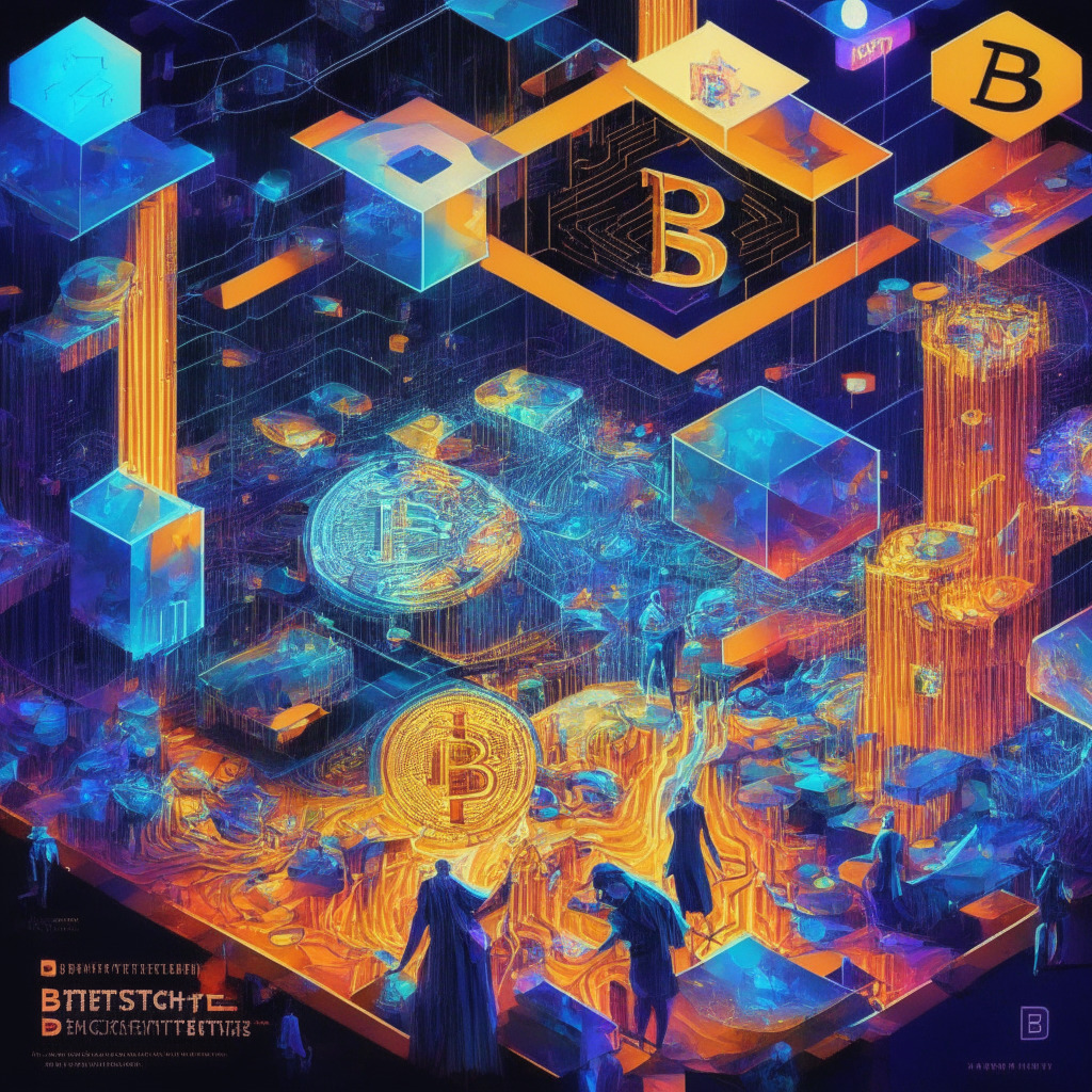Integrate elements of Ethereum and Bitcoin, convergence of cryptocurrency communities, vibrant Miami conference, Ordinals Protocol, intense debate, glowing ambience of collaboration, hint of controversy, innovative projects, expressive digital art, collectibles in Bitcoin realm, Web3 enthusiasts, promising bridge between Bitcoin and Ethereum.