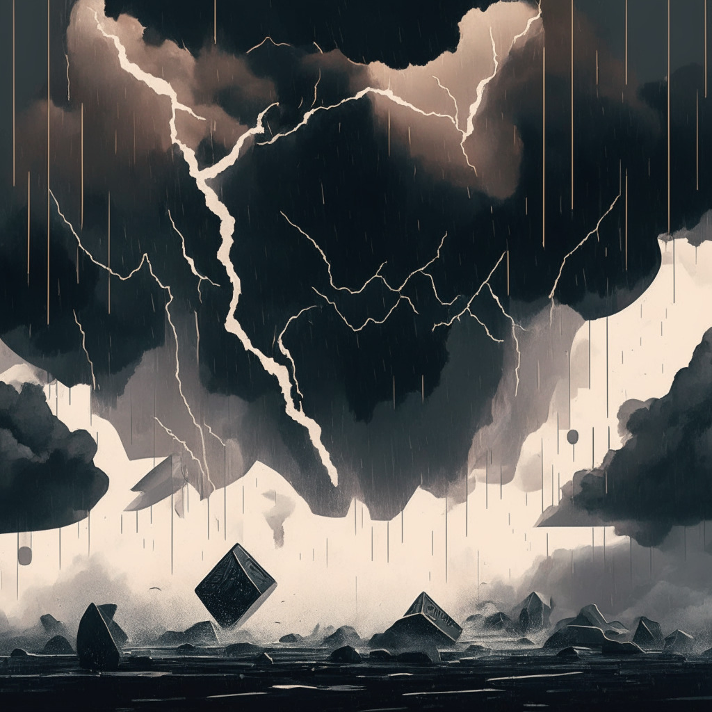 Dramatic crypto market scene, dark stormy clouds, Ethereum coin falling, shattered support trendline, bearish traders, 17% price drop projection, subtle neutral color palette, intense mood, contrast between hope and anxiety, artistic representation of market volatility, no logos or brands.