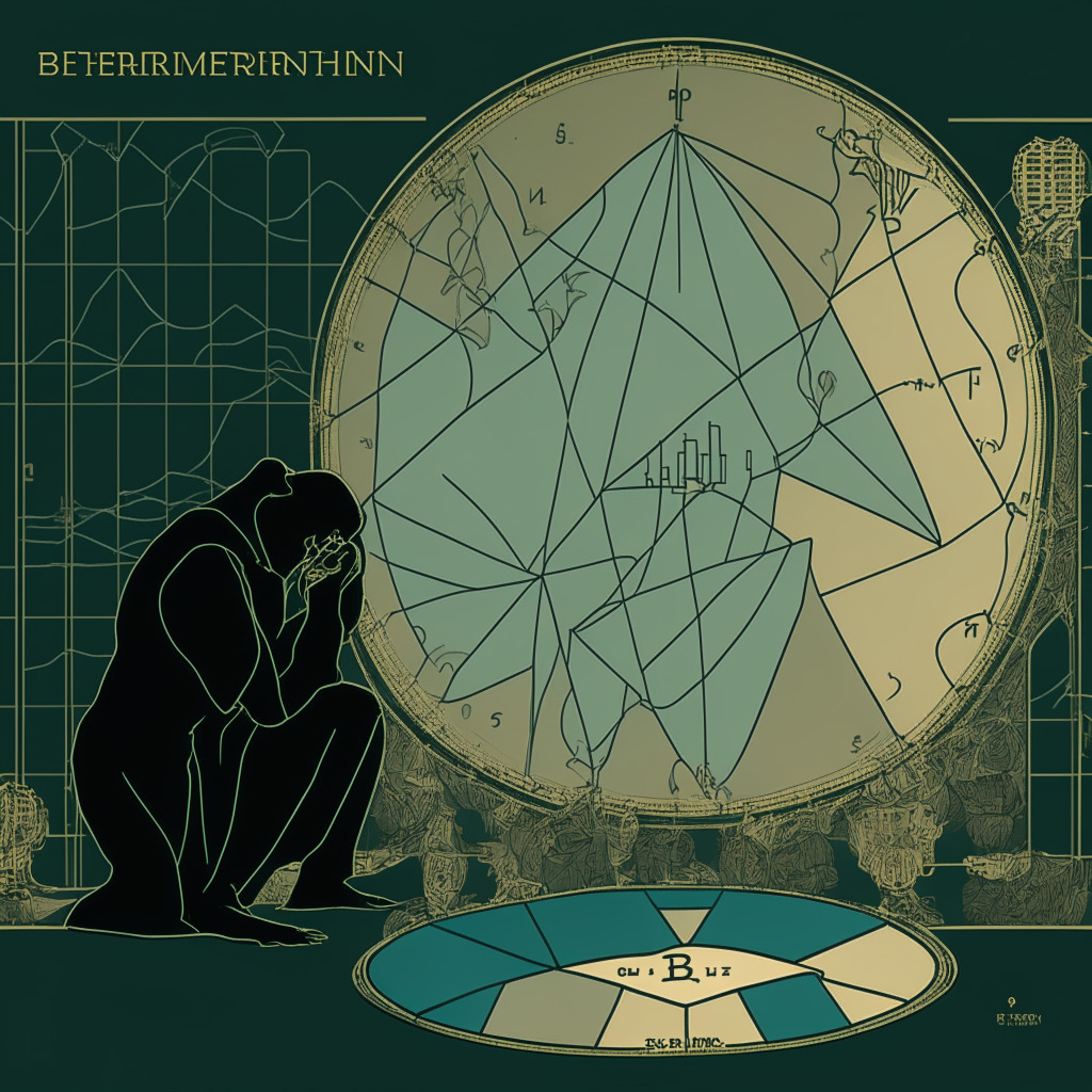 Ethereum price breakdown dilemma, bear trap or extended correction, in an art nouveau style image. Depict a trader contemplating a dropping wedge pattern chart, with a neutral backdrop representing a 49% Fear and Greed index. Capture a serene light setting reflecting long-term bullish sentiment, with a touch of uncertainty surrounding the support and resistance levels. Emphasize oscillating potential outcomes as an abstract element to evoke the unpredictable mood of the market.
