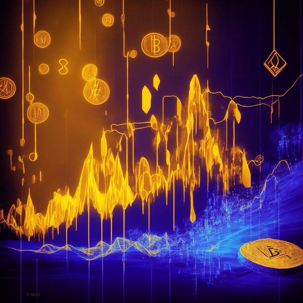 Ethereum price drop scene, array of graceful lines depicting price descent, golden cross in brilliant hues, subtle hint of Lido staking withdrawal queue, atmospheric lighting capturing market uncertainty, ethereal glow surrounding Ethereum wallet, contrasting colors symbolizing potential bull rally, contrasting mood between ETH future and meme tokens.