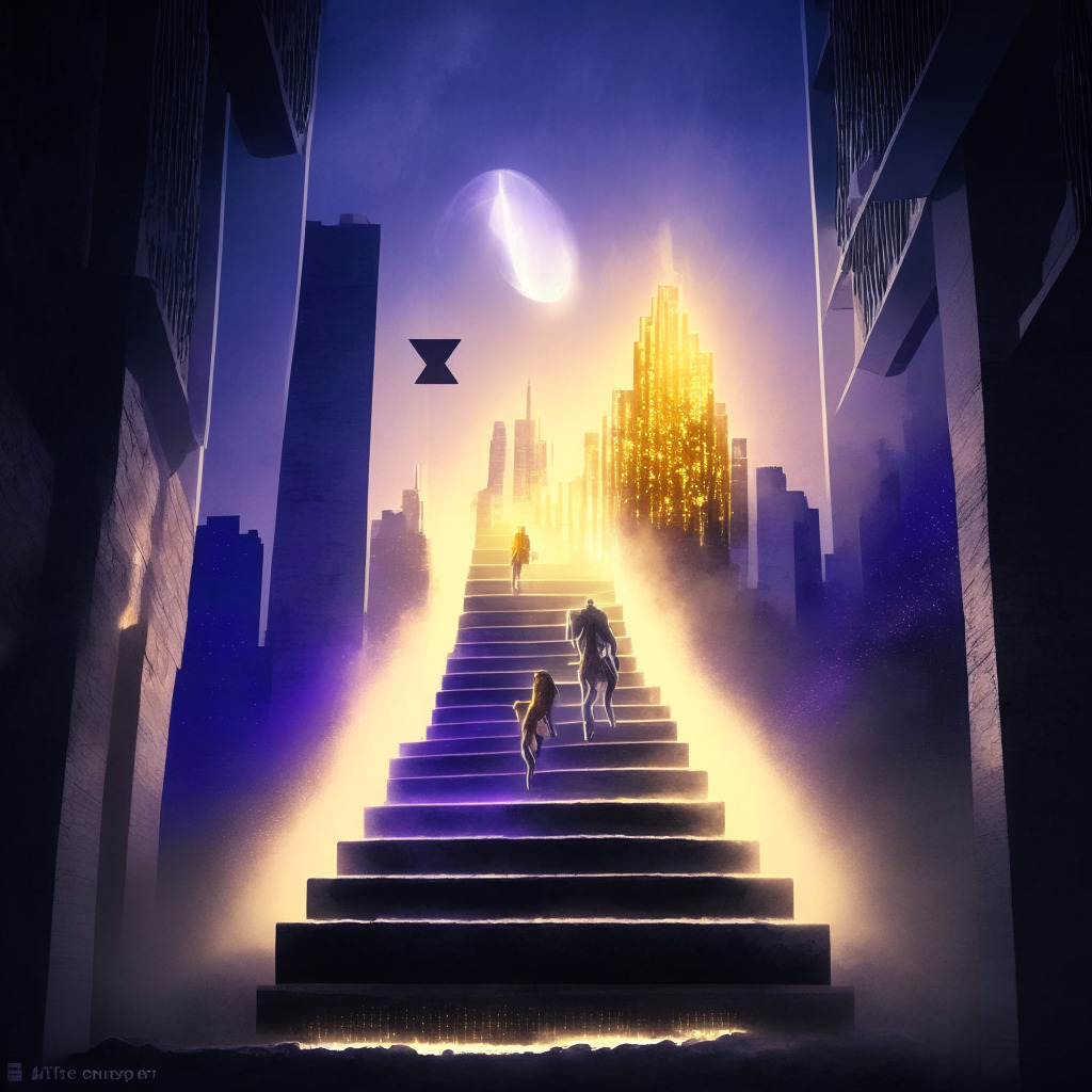 Ethereum price rising, glowing staking trend, ethereal cityscape at dusk, financial growth represented by ascending stairs, celebratory atmosphere, user depositing ETH coin, gentle light reflecting from buildings, on the verge of reaching significant resistance level, $3,000 year-end price target, intertwined with altcoin projects EcoTerra and AiDoge, paving market future.