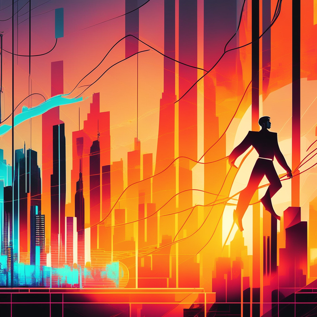 Sunset over a digital market, futuristic cityscape with ascending and descending graphs, glowing lights flickering with uncertainty, mix of warm and cool colors creating dynamic contrasts, a financial tightrope walker balancing on a fragile trendline, hint of cubism reflecting divided market sentiments, overall mood tense and cautiously optimistic.