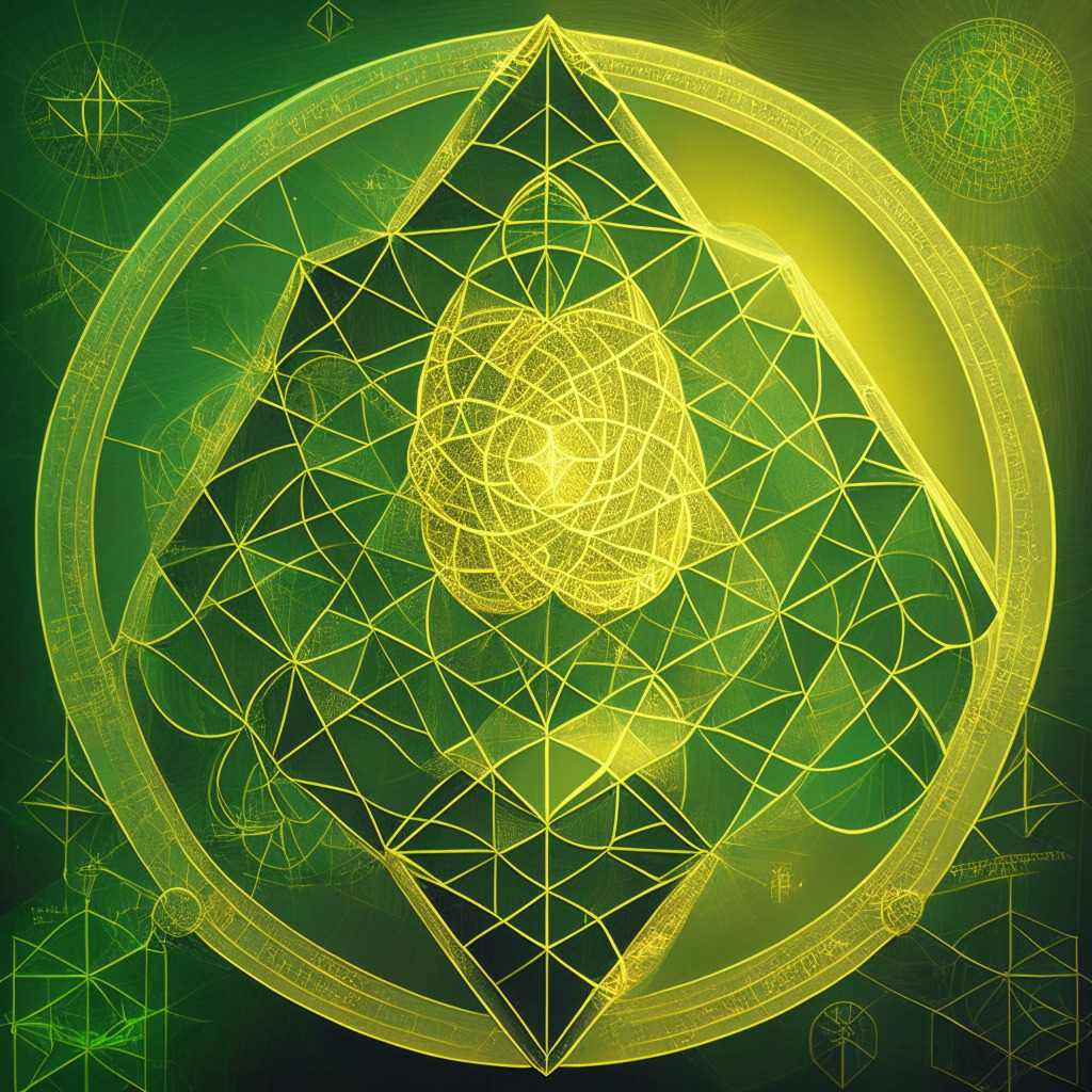 Intricate blockchain design, Ethereum coin soaring upwards, golden-hued ethereal light, vibrant trading charts, symmetrical triangle pattern, soft glow from a rising sun, Baroque artistic flourish, mood of optimism and excitement, hints of a recovery rally, subtle Fibonacci spiral, green and gold color palette.