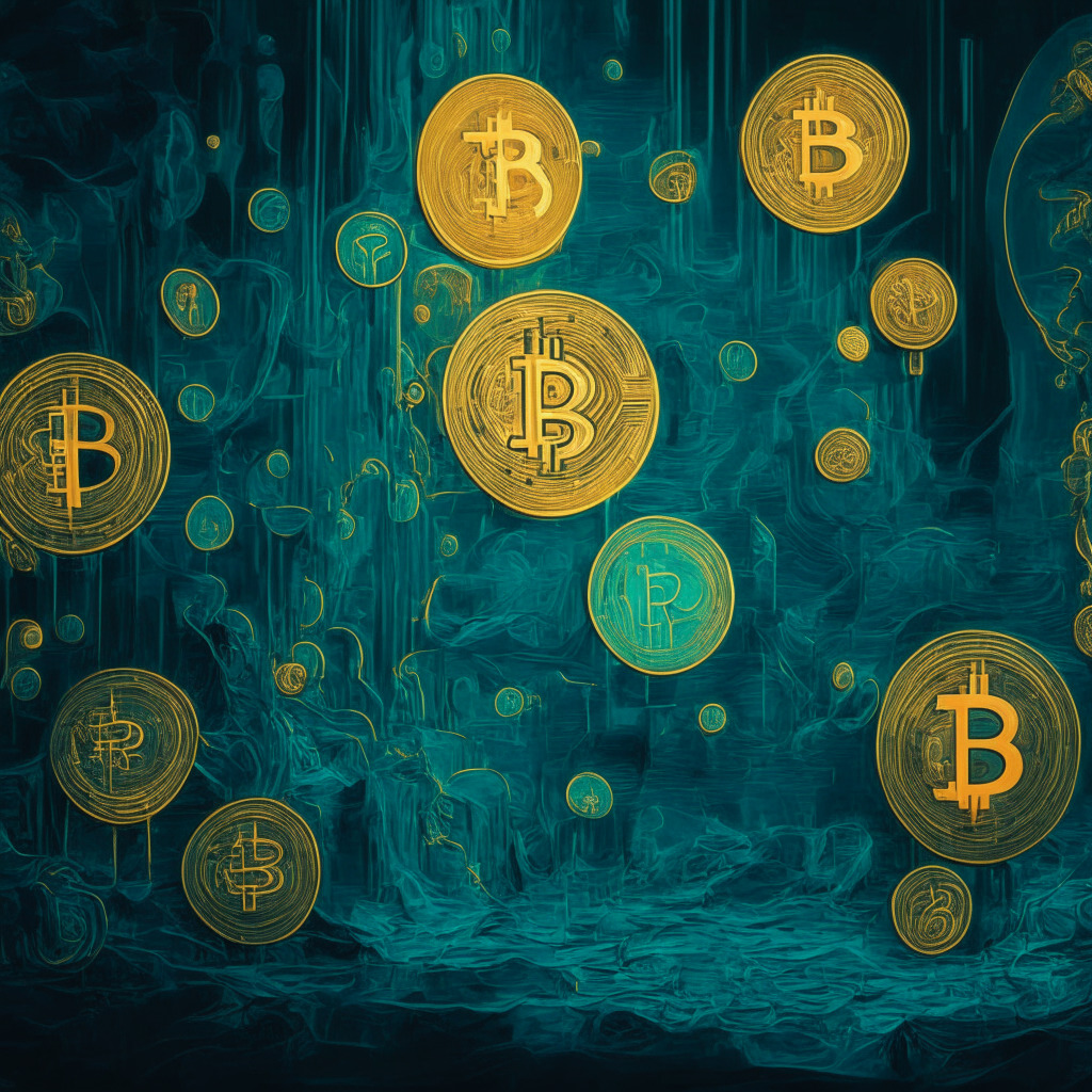 Cryptocurrency scene with Ethereum, Ripple, Cardano, Pepe, and Tron coins, intricate patterns and fluctuating lines to represent market volatility, warm golden hues to symbolize strength in support levels, contrasting soft teal shades create a moody atmosphere, impressionist style brushstrokes add artistic flair, dynamic glowing light showcasing crucial price zones.