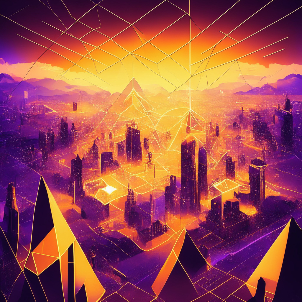 Ethereum layer-2 scaling platform meets telecom giant, golden light pervades the scene, cyber futuristic cityscape, decentralized network nodes, secure connections illuminate, confident and innovative mood, nods to Polygon's progress and Deutsche Telekom's commitment, new era of blockchain adoption.