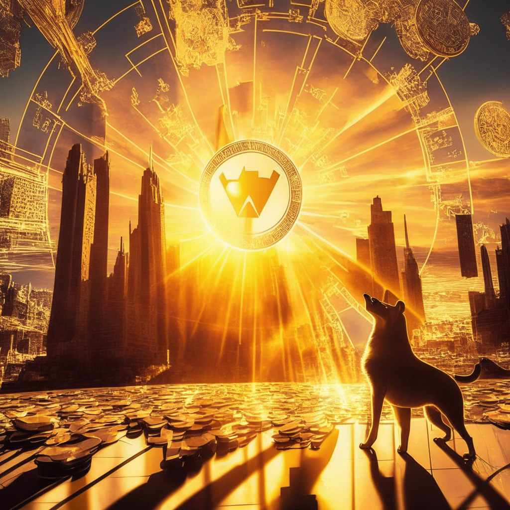 Ethereum shifts & US mining giants rise, TradeBlock closure scene, sunset casting golden hues, dramatic play of light & shadows, intricate blockchain patterns, dynamic & bustling trading floor, contrasting mood of optimism & uncertainty, hint of spirited energy with dogecoin appearance.
