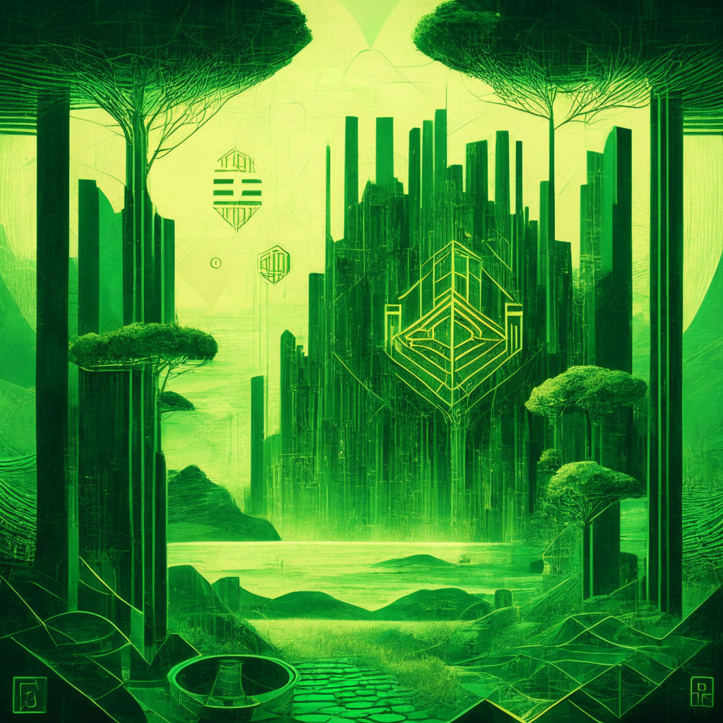 Intricate blockchain landscape, Ethereum staking provider proposing utility boost, softly lit financial setting, tension between innovation & caution, nuanced shades of green & gold, allegorical representation of quarterly earnings, futuristic Art Deco style, hopeful yet apprehensive mood.