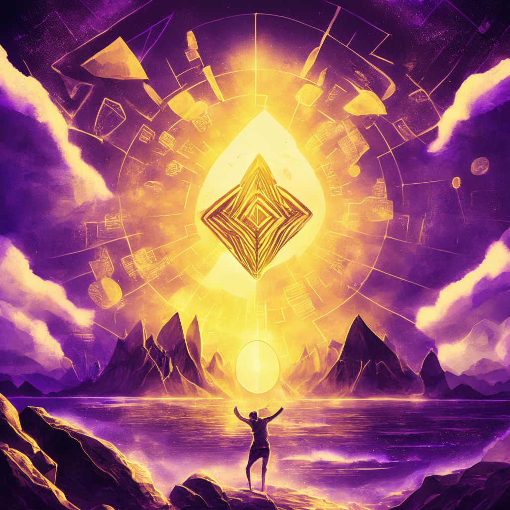 Majestic Ethereum ascent, golden-purple skyline, geometric patterns, warm soft glow, triumphant mood. Scene: Ethereum coin ascending from supportive hands, powerful resistance barrier ahead, sleepy wallet awakening with 8,000 ETH, crypto community gossiping, signs of resurgence from old wallets, massive whale deposit on horizon.