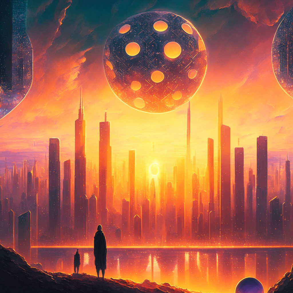 Sunrise over a futuristic cityscape, intricate blockchain patterns in the sky, glowing Ethereum symbol dominating the horizon, mood of anticipation, excitement, and determination, oil painting-like textures, a queue of people holding glowing orbs representing ether, soft and warm color palette.