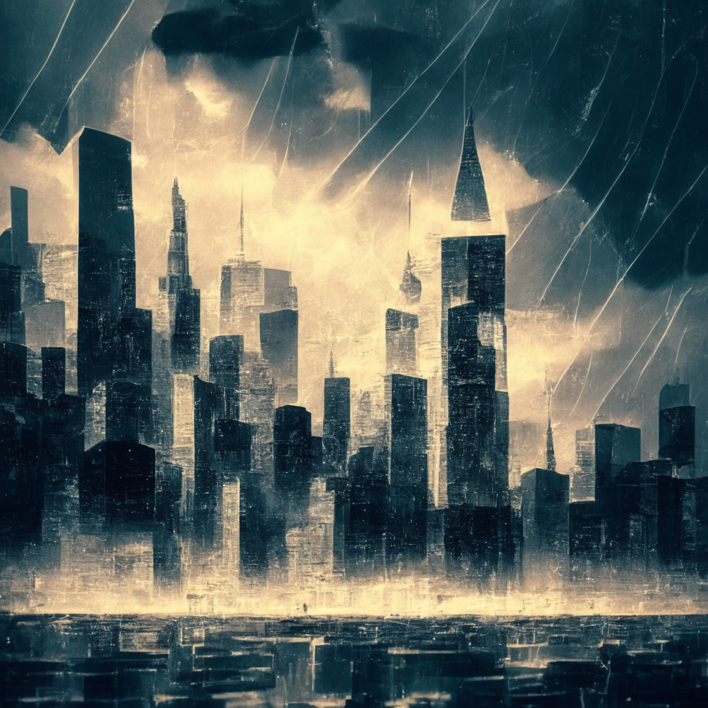 Intricate metropolitan city skyline, Ethereum coin casting a glow in overcast sky, hint of tension in atmosphere, soft chiaroscuro lighting effect, financial newspapers blowing through streets, sense of anticipation, abstract blend of Impressionism & Futurism, underlying mood of cautious optimism.