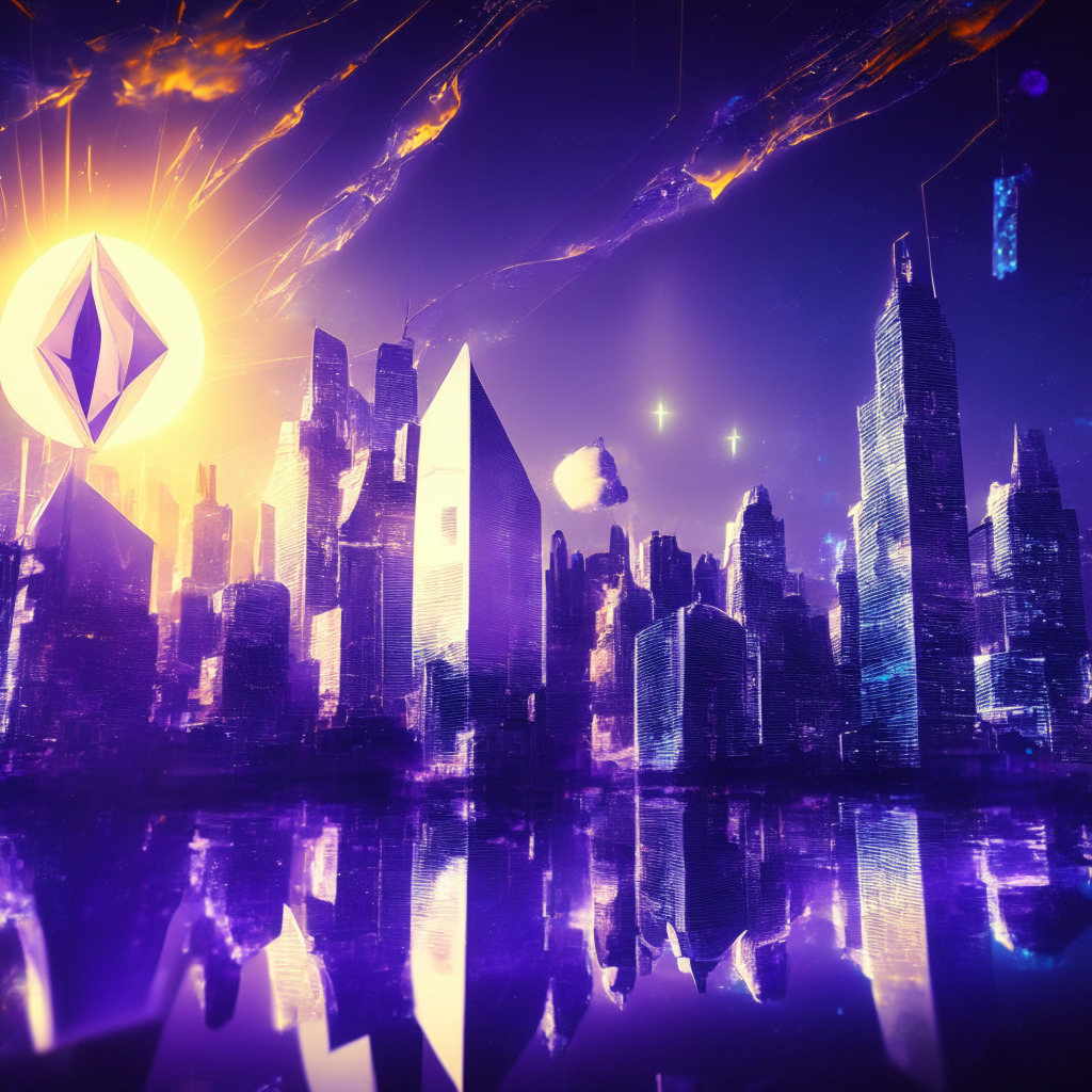 Ethereum network & Lido Finance staking in futuristic city, dominant skyscrapers, vibrant holographic stats, diverse city skyline, luminescent dusk ambiance, dynamic growth visualized, ethereal glow, cinematic mood, hint of sun setting, subtle warm tones, financial buzz, pulsating DeFi energy, optimism & caution balanced, momentum question pondered.