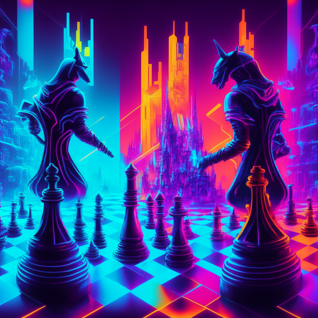 Futuristic financial battleground, ethereum and Visa chess pieces, intense neon colors, chiaroscuro lighting, dynamic composition, digital vs traditional motifs, energetic mood, decentralized financial technology symbols, abstract cityscape background, innovation theme, aesthetically contrasting.