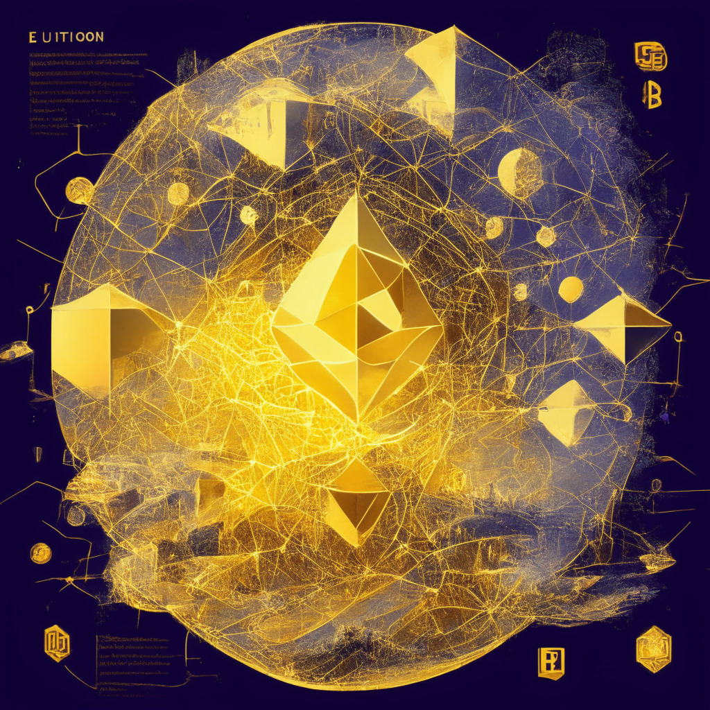 Ethereum layer-2 blockchain, Arbitrum, multi-million ETH distribution to DAO, conflict resolution, decentralized democracy, vibrant digital landscape, artistic rollup portrayal, golden hues of wealth, contrasting shades of debate, transactions in motion, scalable network flourishing, tokens gleaming with purpose, underlying sense of unity, captivating, intricate financial ecosystem.