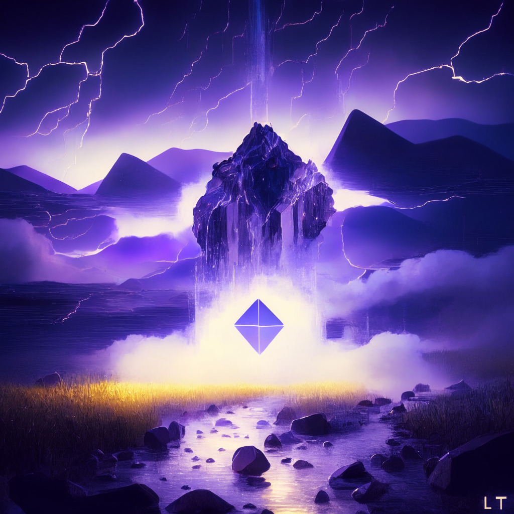Ethereum update w/ Bedrock hard fork, glowing-layered landscape, scaling sector rivalry, soft dreamy colors, blockchain world, tense excitement, modular architecture, mysterious fog, two-phase withdrawal, swirling lights, adaptive cybersecurity, powerful mood, transforming execution clients, shimmering connections.