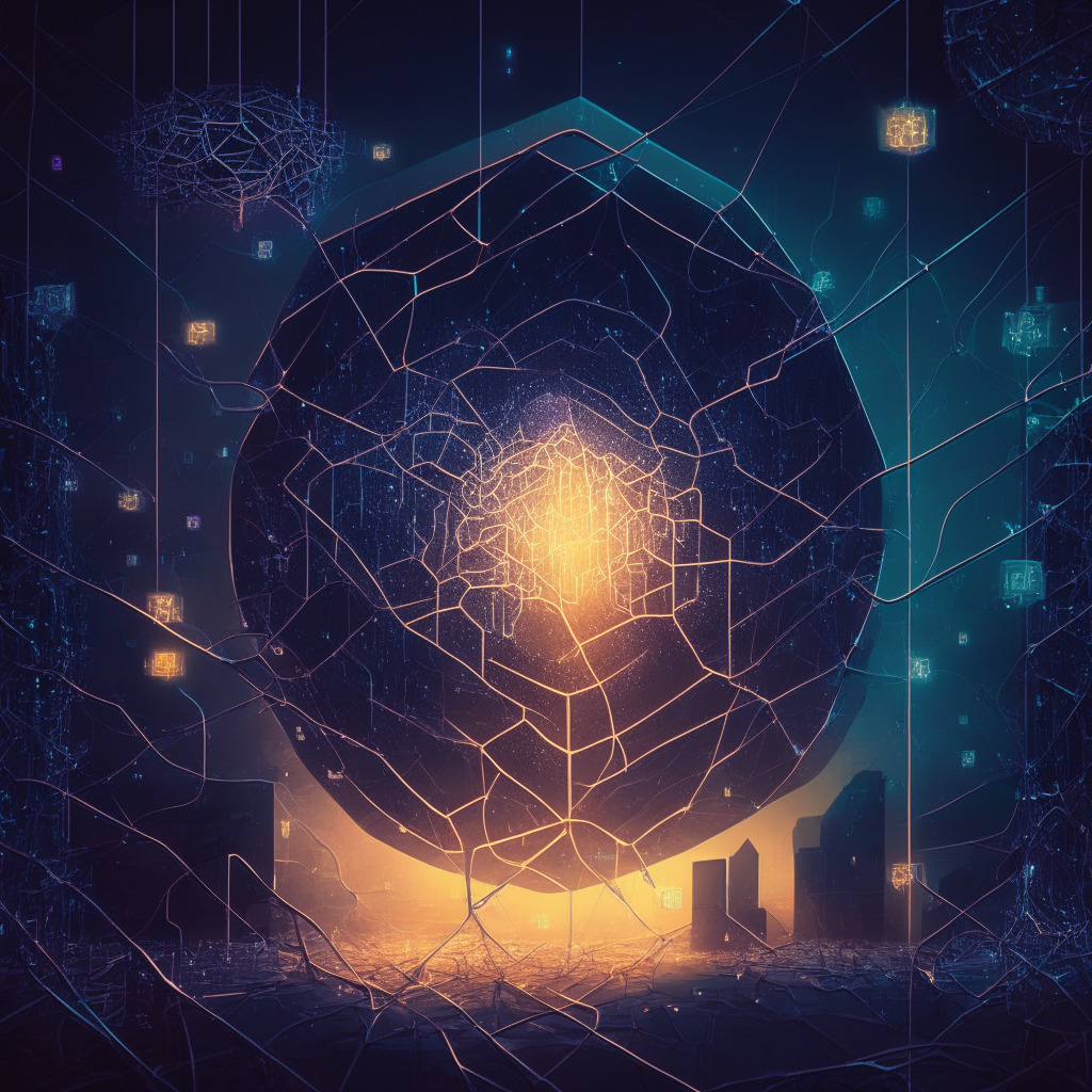 Intricate blockchain scene, Ethereum crisis, dusk lighting, delicate balance, tense mood, web of connections, abstract cryptography, proof-of-stake, finality urgency, vulnerability awareness, resilient network growth, developer response, ethereal atmosphere, future stability focus. (300 characters)