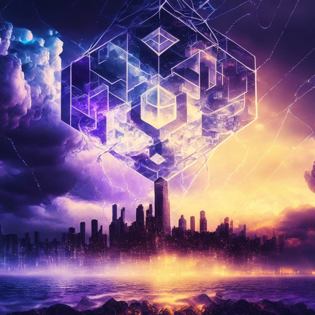 Ethereum network recovery with digital gears, a contrasting sunrise and stormy clouds, futuristic cityscape, developers applying updates, tension and resilience in the air, reflective mood, intricately connected nodes, ethereal colors, subtle light rays amidst darkness, triumph over uncertainty, veil of reliability swirling around Ethereum.
