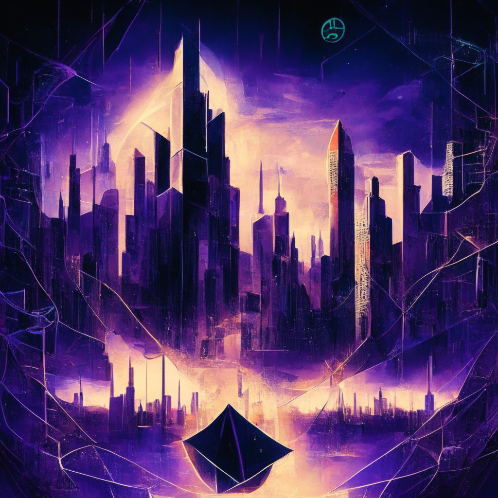 Ethereum's future, locked ETH on Beacon Chain, swirling optimism and uncertainty, contrast between bright and dark hues, a digital city skyline, staking activities reaching new heights, a balancing scale with ETH price on one side and locked tokens on the other, fluctuating implied volatility, investors standing at a crossroads, subdued yet hopeful ambiance.