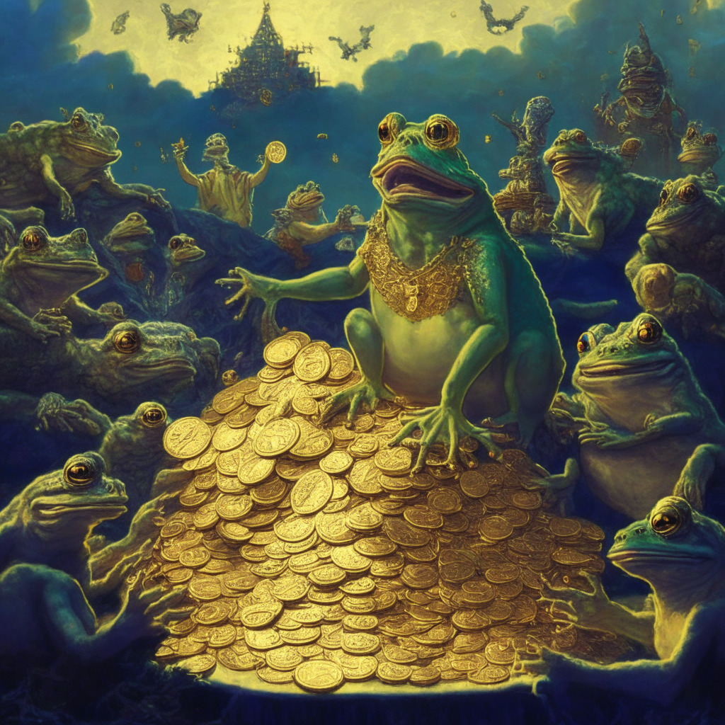 Ethereum network with meme coin frenzy, intricate Baroque art style, twilight lighting, mood of excitement & uncertainty. Scene: A frog-king, PEPE, atop a mountain of gold coins, surrounded by CHAD, 4TOKEN, & DINO. In the background, busy traders and users face challenge: soaring transaction fees.