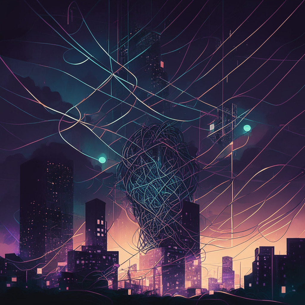 Nighttime cityscape with tangled cables, ethereal glow, abstract geometric shapes, uncertain atmosphere, contrasting lights and shadows, dramatic clouds looming, an hourglass symbolizing paused time, whispered color palette evoking ambivalence, intricate blockchain illustration weaving through the scene, overall mood balancing a sense of growth and concern.