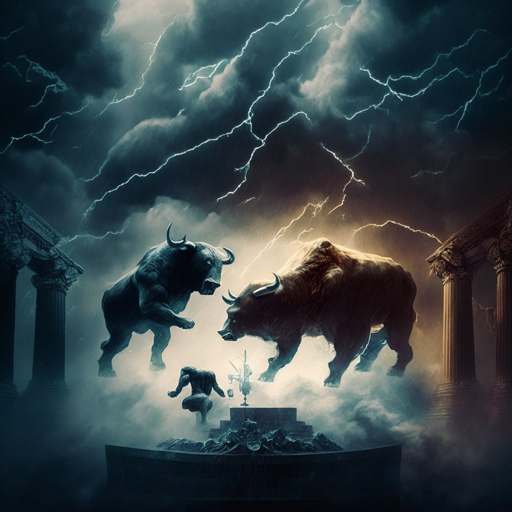Ethereum price dilemma scene: stormy crypto market skyline, ethereal bear and bull battling, ascending trendline breaking, balance scale tipped towards decline, chiaroscuro lighting, hints of potential reversal, moody atmosphere, blend of Baroque and modern artistic styles.