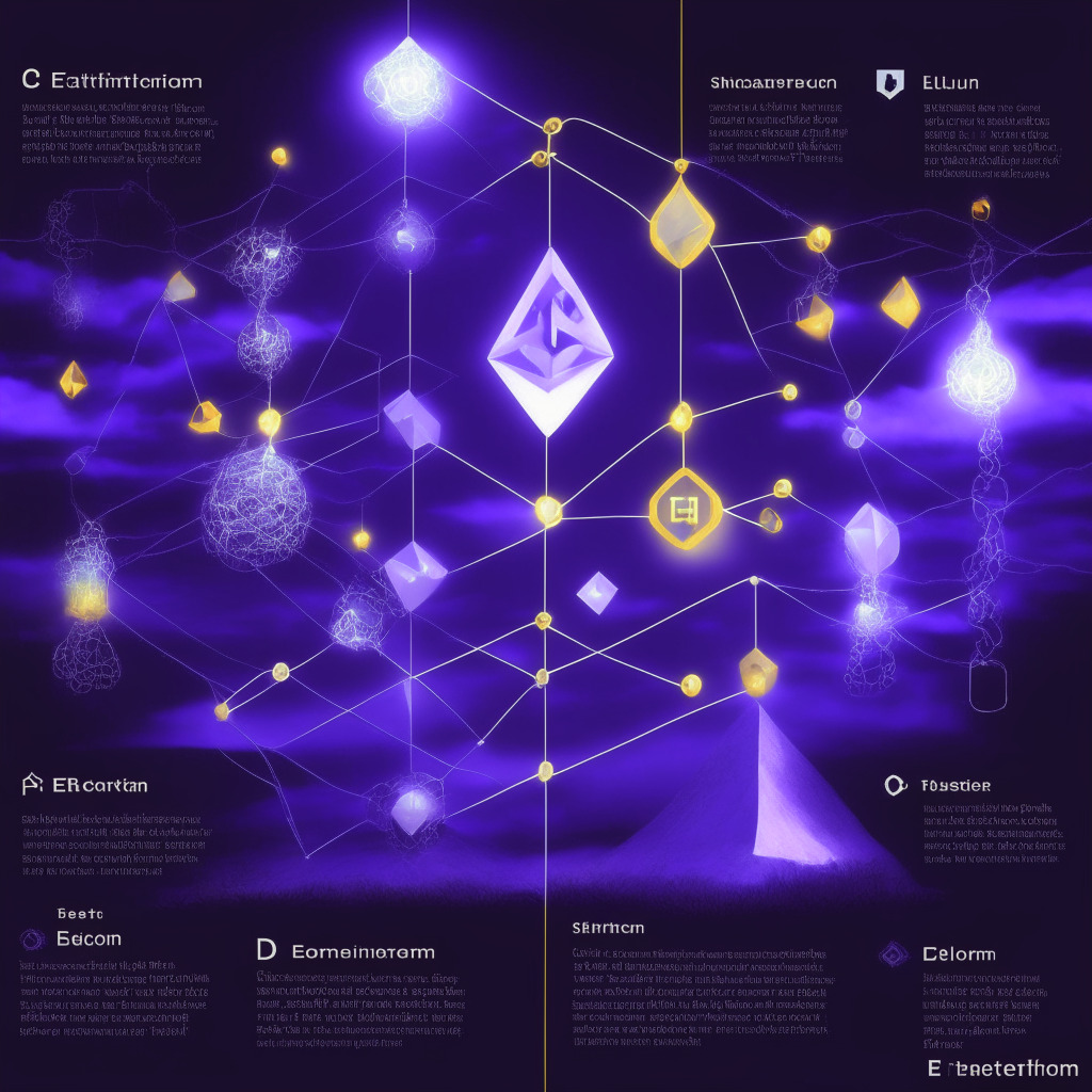 Ethereum Beacon Chain interruption scene, Proof-of-Stake vs Proof-of-Work, dusk light setting, network resilience theme, adaptability, intense research atmosphere, evolving technologies, mysterious issue, client diversity emphasis, artistic blend of stability & innovation, duality in interoperability & chain robustness.