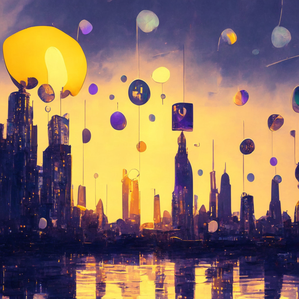 Ethereum city skyline at dusk, golden light reflecting on glass buildings, demand and scalability signs hanging in the air, meme coins floating like balloons, ETH token glowing softly, mood of uncertainty and anticipation, hint of optimism, expressive impressionist style, contrast of vivid colors and muted hues.