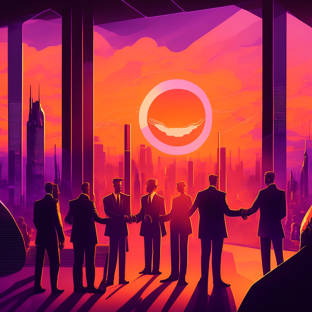 European crypto collaboration scene, sunset cityscape with glowing orange and purple hues, diverse business professionals shaking hands, futuristic institutional-grade trading platform, secure digital vault in the background, air of optimism and trust, subtle hints of skepticism, lively yet sophisticated Art Deco style.