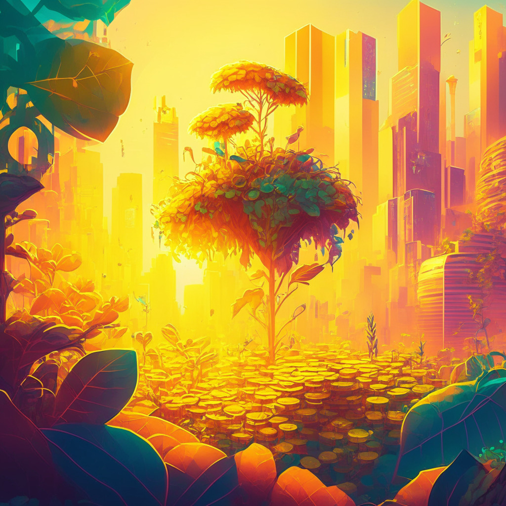 Intricate blockchain scene, yield farming app, vibrant color palette, growing plants with tokens for leaves, futuristic cityscape background, surrealistic style, early morning golden sunlight, energizing atmosphere, potential sense of risk and reward, balanced with cautiously optimistic mood.
