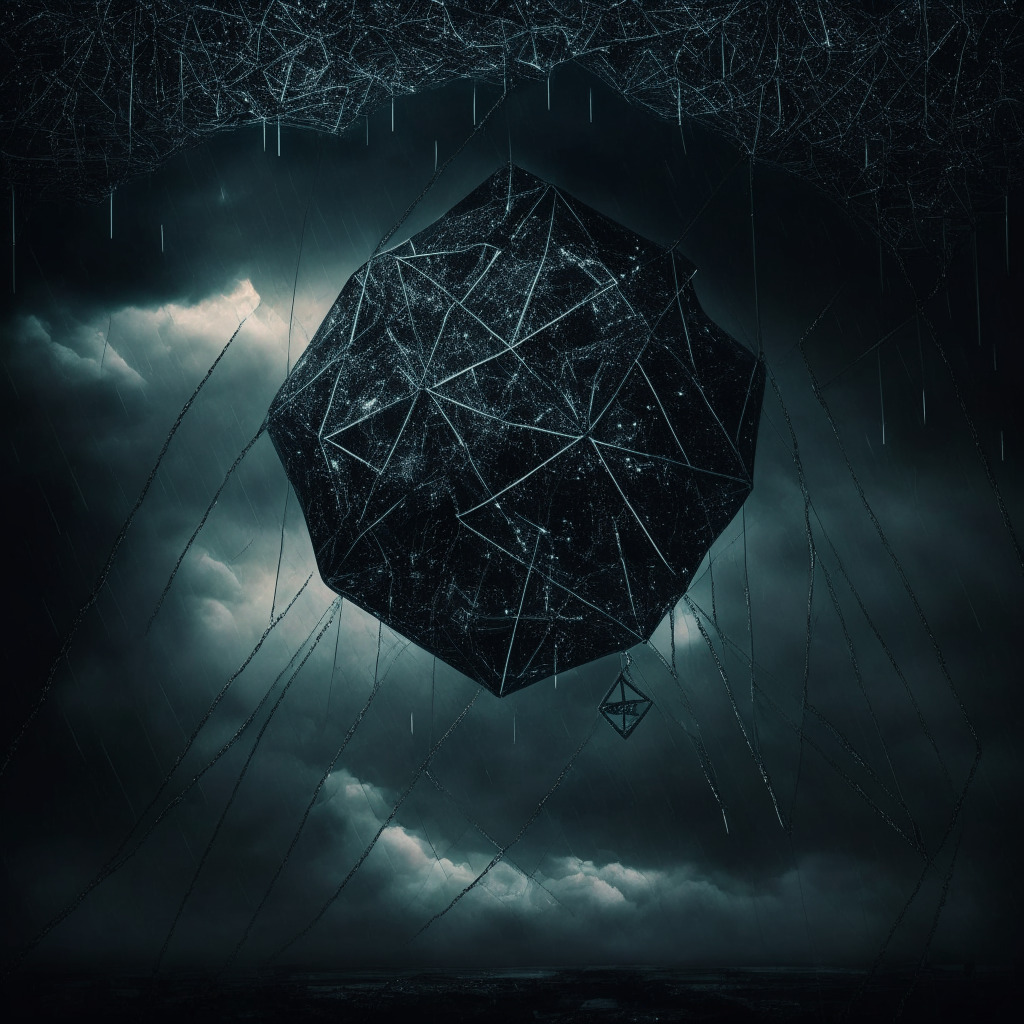 Fading diamond blockchain, somber mood, dim light setting, abstract artistic style, struggling startup, dark color palette, financial distress, global supply chain background, voluntary administration, tangled webs, stormy sky, resilient hopeful future.