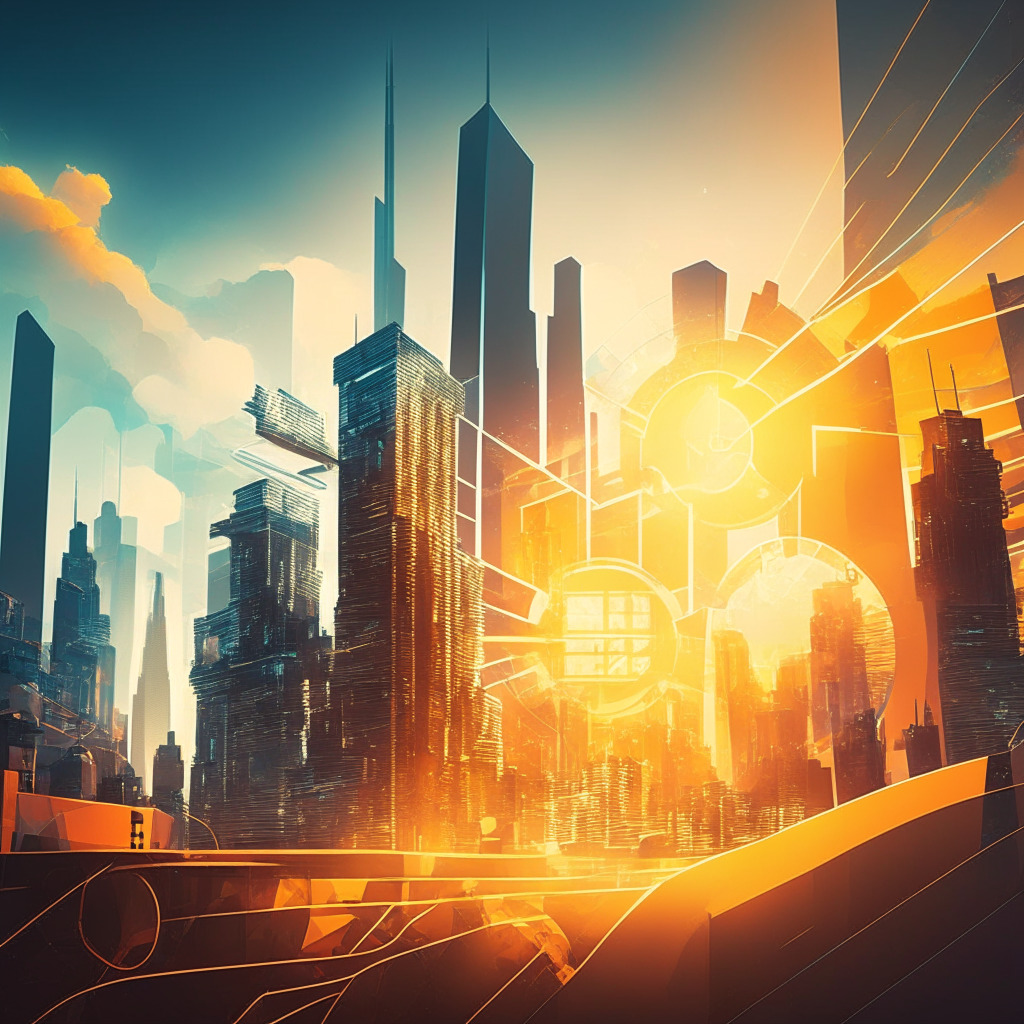Futuristic cityscape incorporating blockchain elements, lively debate between excitement and skepticism, finance, supply chain, healthcare sectors interweaving, sunlight breaking through clouds symbolizing growth, warm tones for optimism, contrasting shadows for caution, dynamic composition for industry evolution, no brands/logos.