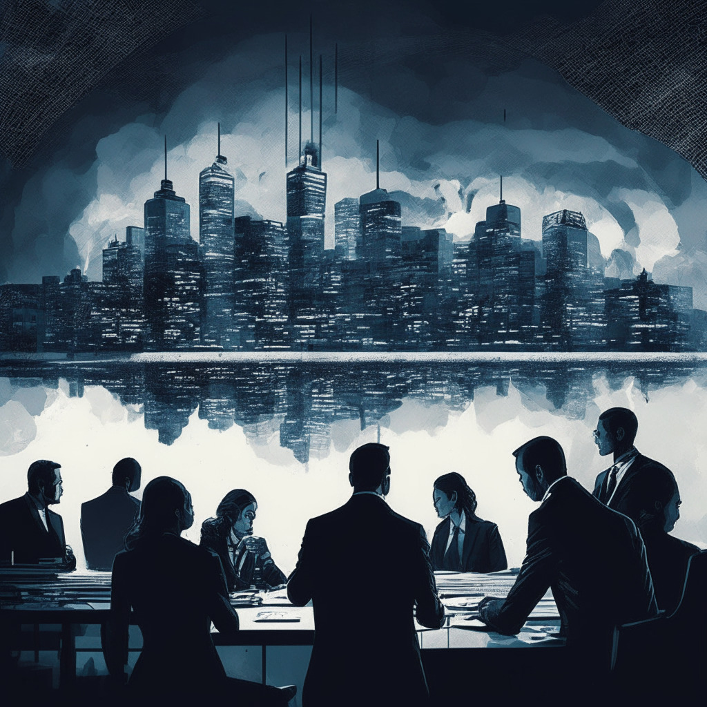Crypto exchange's departure from Canada, intricate regulatory framework, somber skyline, legislation documents in foreground, diverse individuals discussing regulations, subdued lighting, grayscale artistic style, contemplative mood, balance between innovation and regulation, global expansion path.