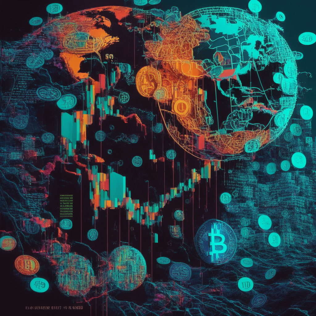 Cryptocurrency market turmoil, exiting market makers, intricate shadows, vibrant colors, global map highlighting US and offshore locations, uncertain mood, regulatory crackdown represented by chains, liquidity flowing from the US market, both hope and fear in the atmosphere.